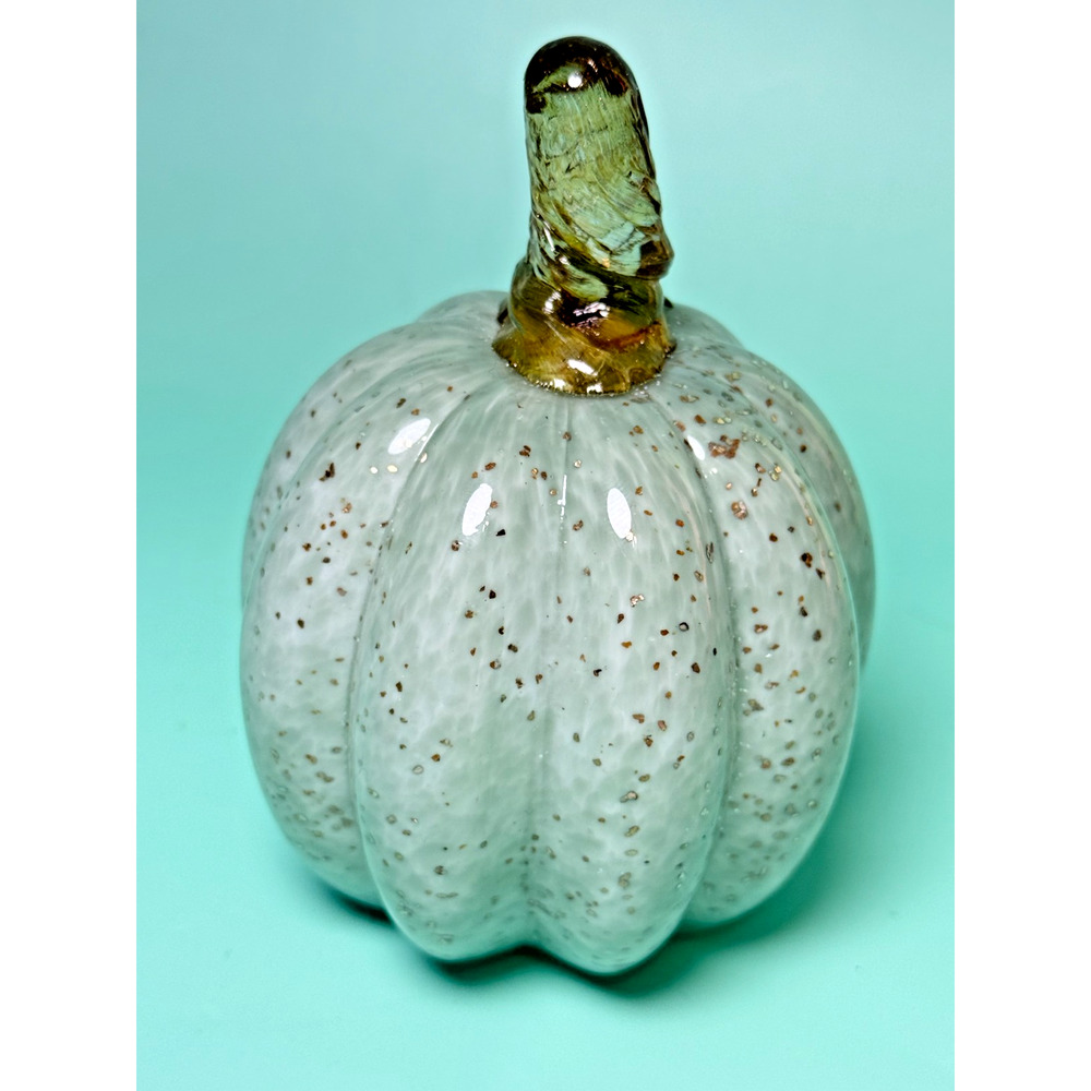 Trio Handblown Art Glass Pumpkins Pastel Pistachio Green Swirl Gold Flecks Stems - Picture 3 of 7